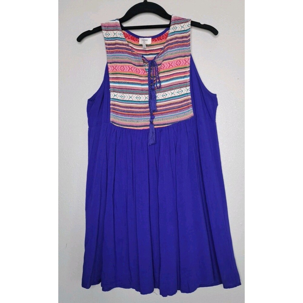 Umgee Blue Multicolor Aztec Boho Tribal Peasant Babydoll Mini Dress M